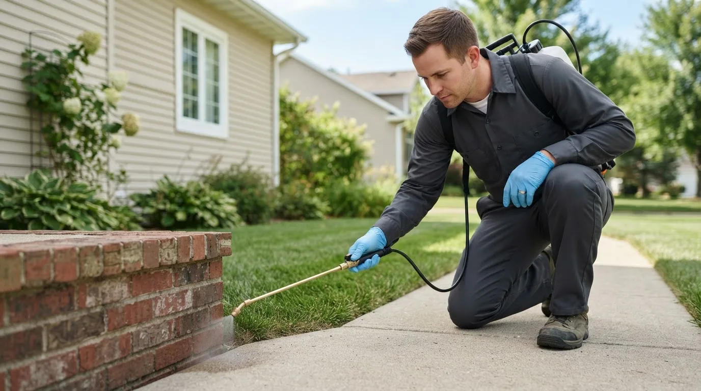 Pest control technician treating a home near Dodd City, TX
