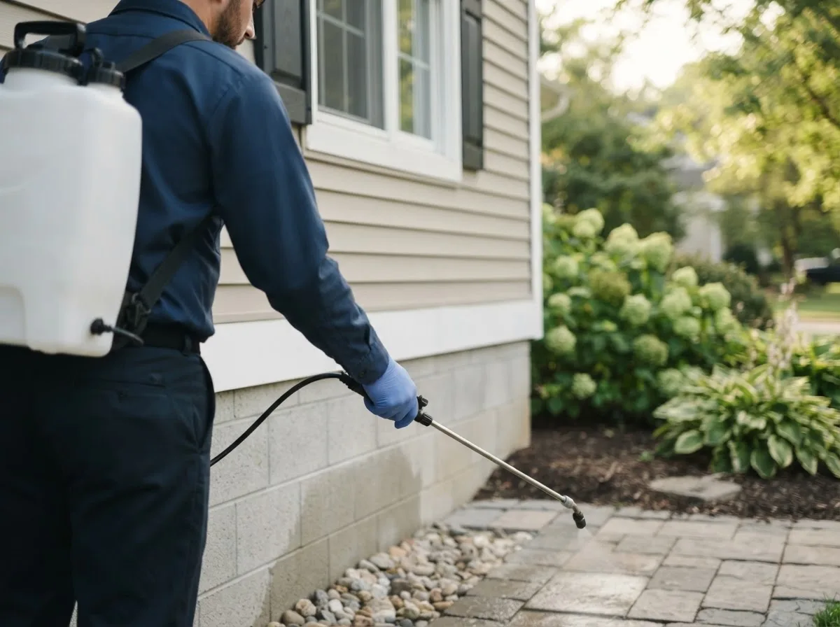 Pest control technician inspecting a home in Dodd City, TX